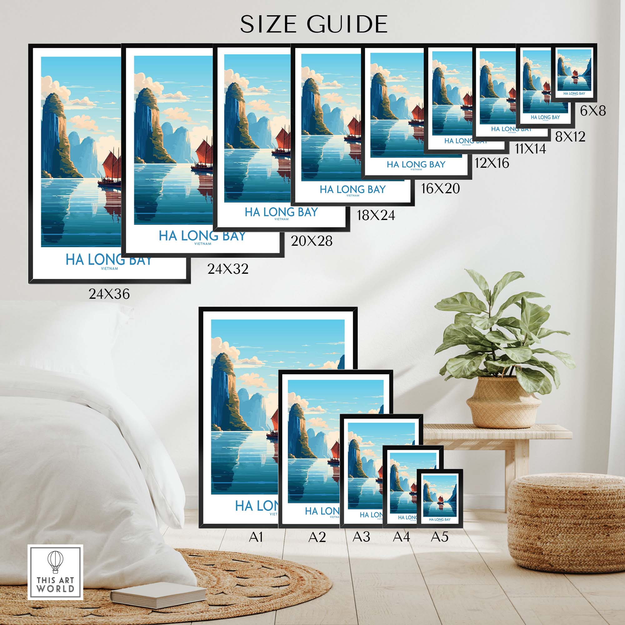 Size guide for Ha Long Bay wall art featuring various frame sizes and a modern design.