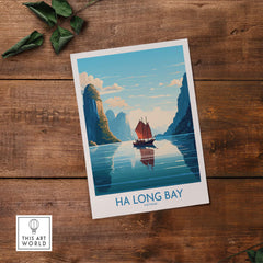Ha Long Bay wall art featuring a Vietnamese junk boat sailing on turquoise waters, ideal for home decoration.