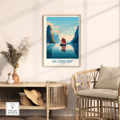 Ha Long Bay wall art featuring a Vietnamese Junk Boat in turquoise waters, perfect for modern home decor.