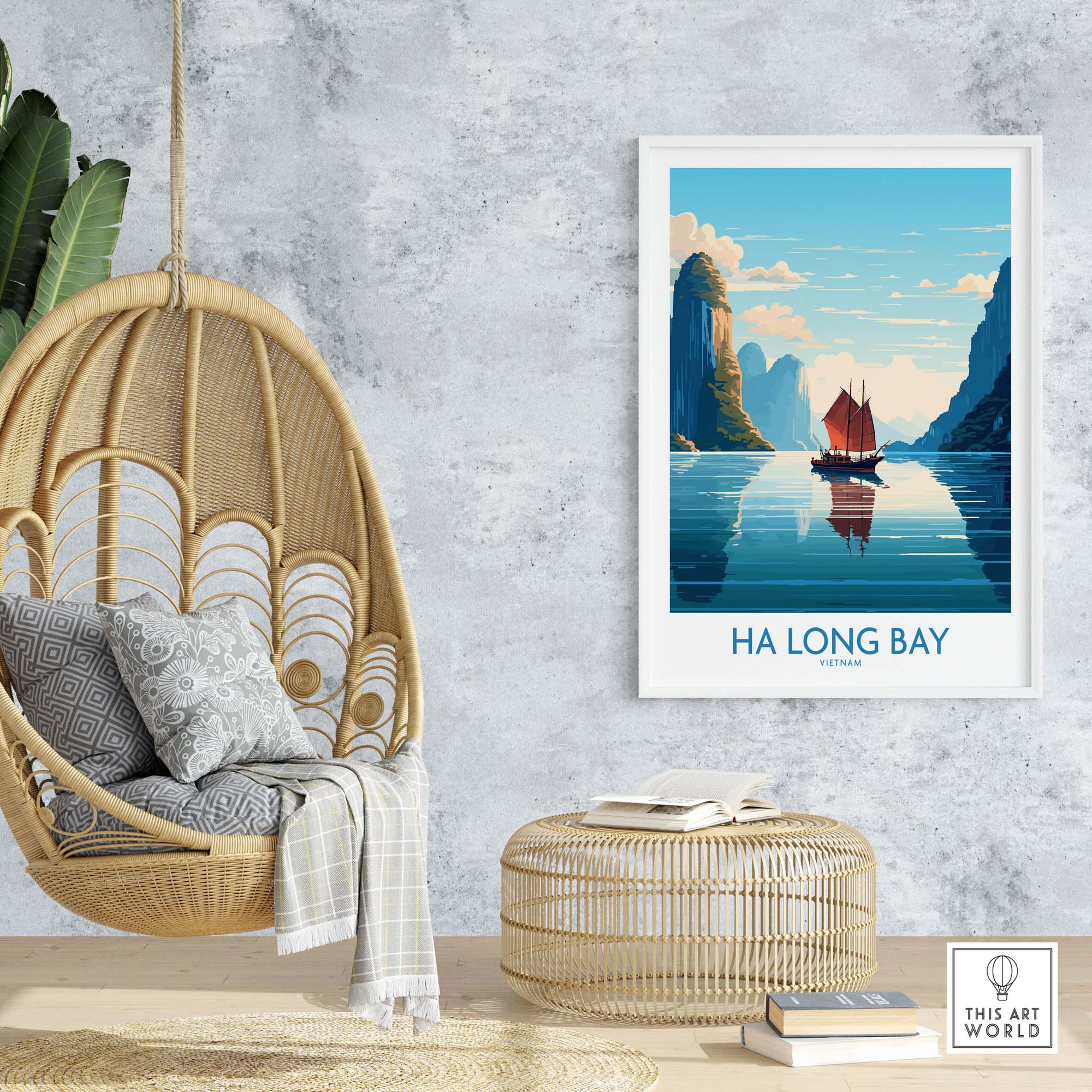 Ha Long Bay wall art showcasing a Vietnamese Junk Boat in turquoise waters, creating an adventurous home decor vibe.