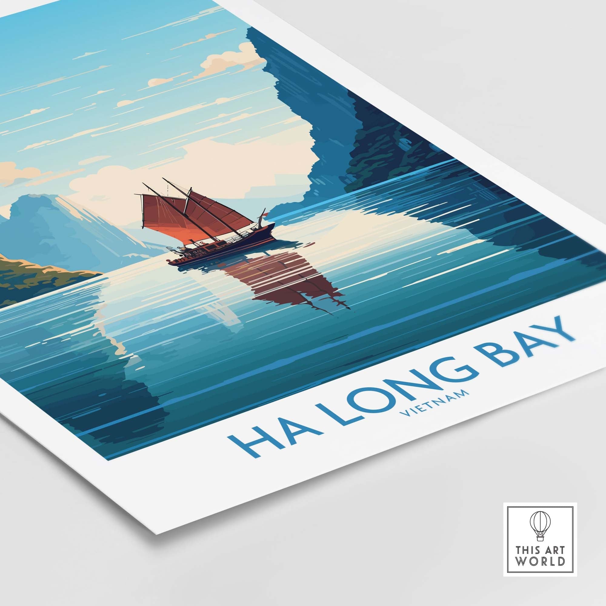 Ha Long Bay wall art featuring a Vietnamese junk boat on turquoise waters, evoking adventure and beauty.