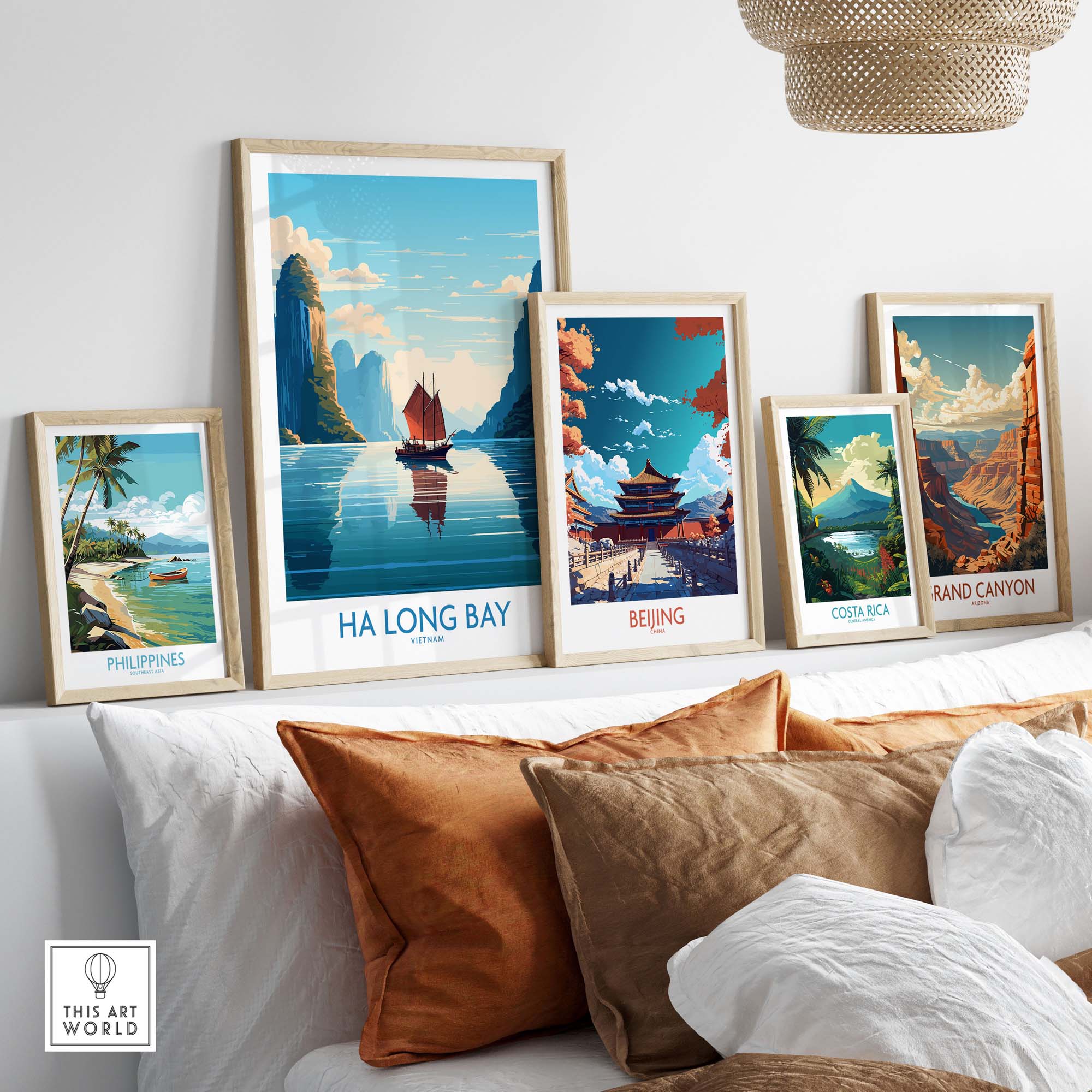 Modern wall art featuring Ha Long Bay and other travel destinations in vibrant colors and elegant frames.