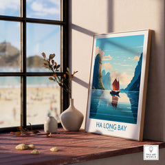Framed Ha Long Bay wall art featuring a Vietnamese junk boat on turquoise waters, enhancing interior decor.
