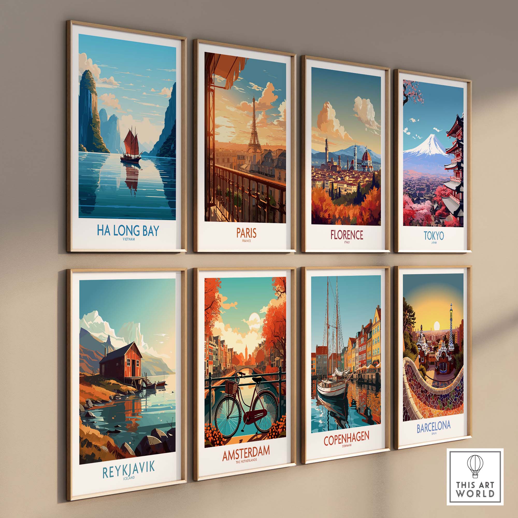 Gallery of colorful travel posters featuring Ha Long Bay, Paris, Florence, Tokyo, Reykjavik, Amsterdam, Copenhagen, and Barcelona.