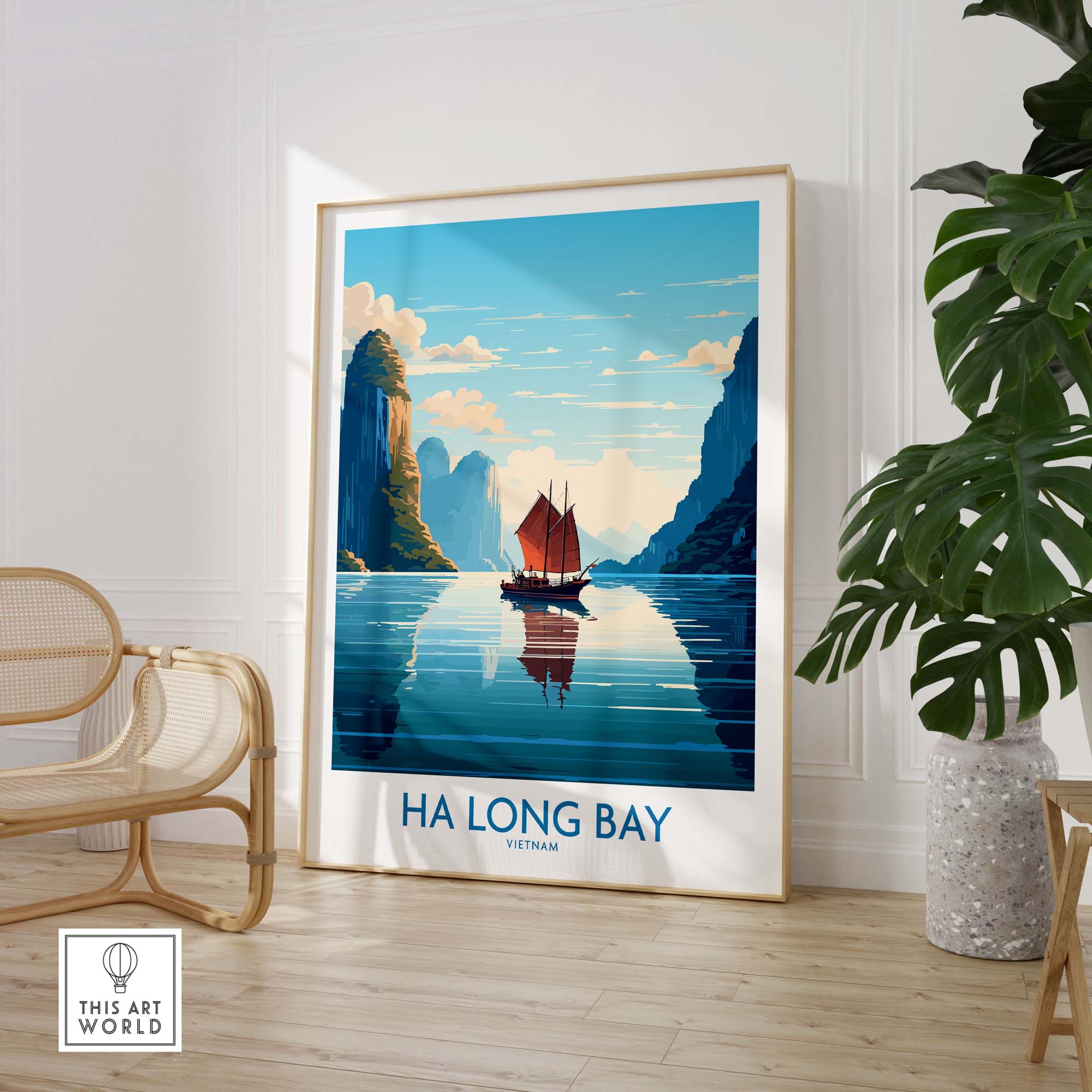 Ha Long Bay wall art featuring a Vietnamese junk boat sailing in turquoise waters, perfect for home decor.