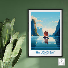 Ha Long Bay wall art featuring a Vietnamese junk boat on turquoise waters, perfect for home decor and travel inspiration.