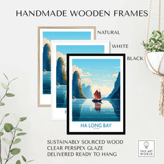 Ha Long Bay wall art in handmade wooden frames, showcasing natural, white, and black options, ready to hang.