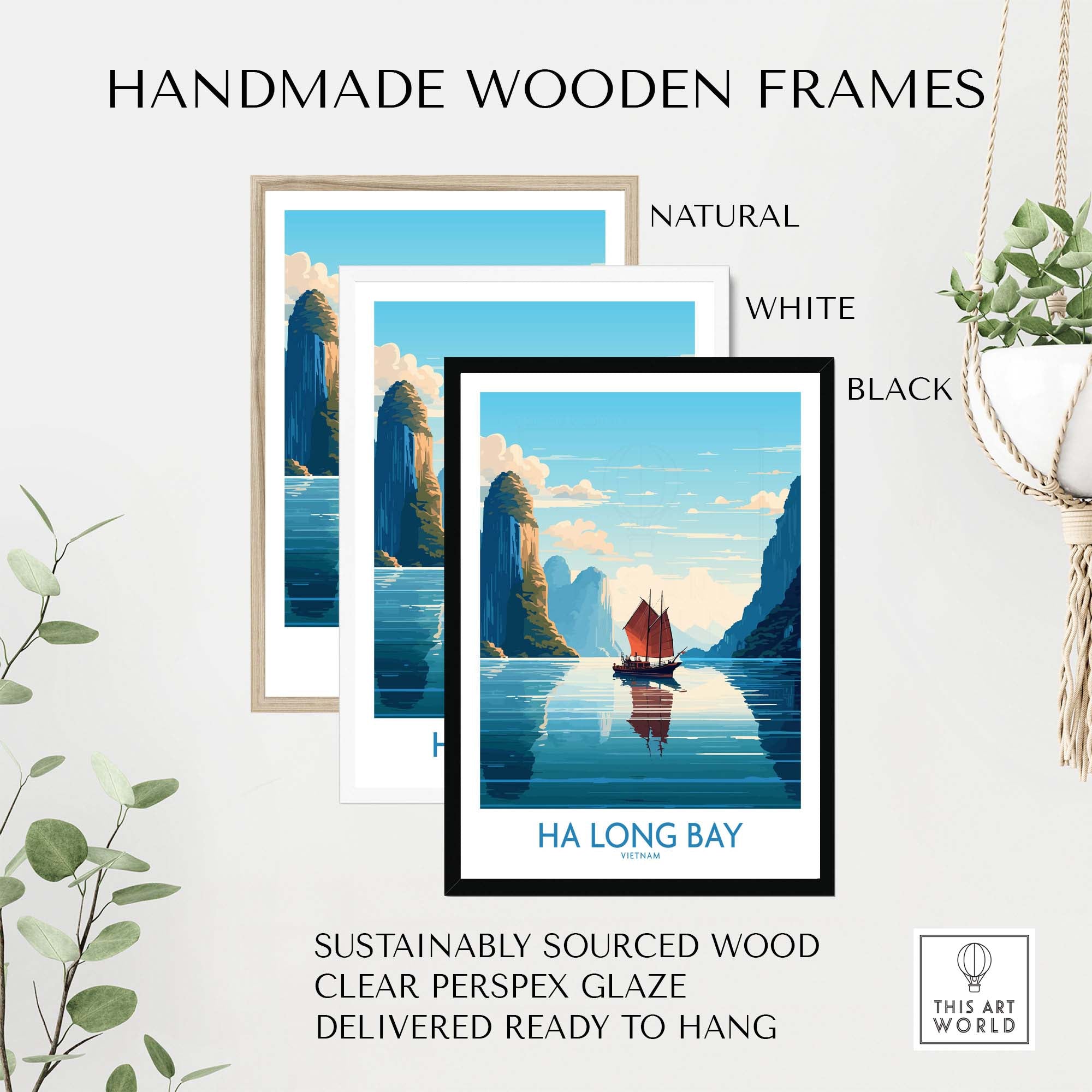 Ha Long Bay wall art in handmade wooden frames, showcasing natural, white, and black options, ready to hang.