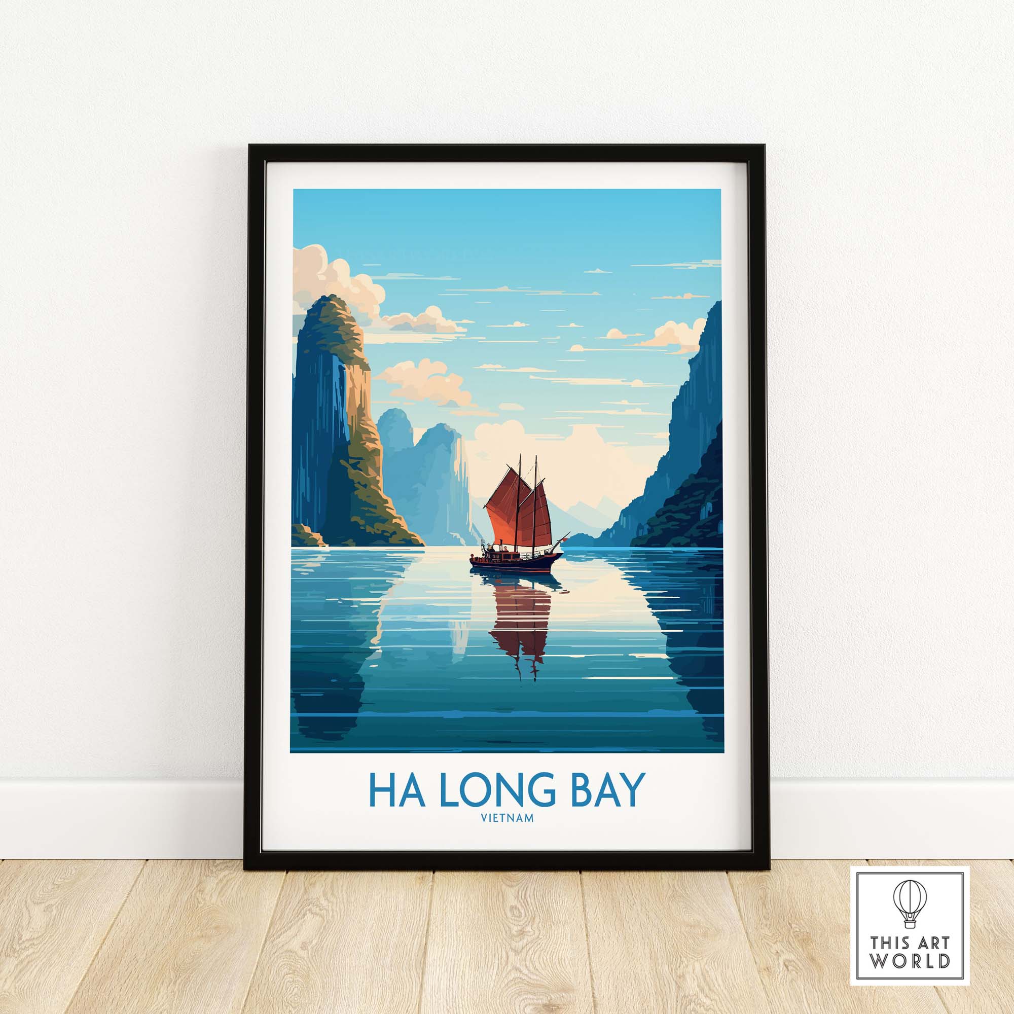 Ha Long Bay wall art featuring a Vietnamese junk boat sailing through turquoise waters and majestic cliffs.