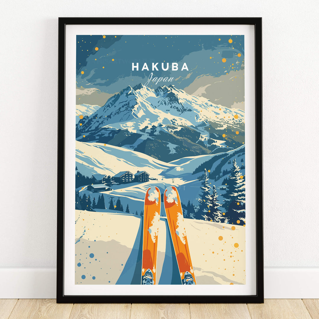 Hakuba Travel Poster - Japan featuring a ski scene with mountains and skis, perfect wall art for winter sports enthusiasts.