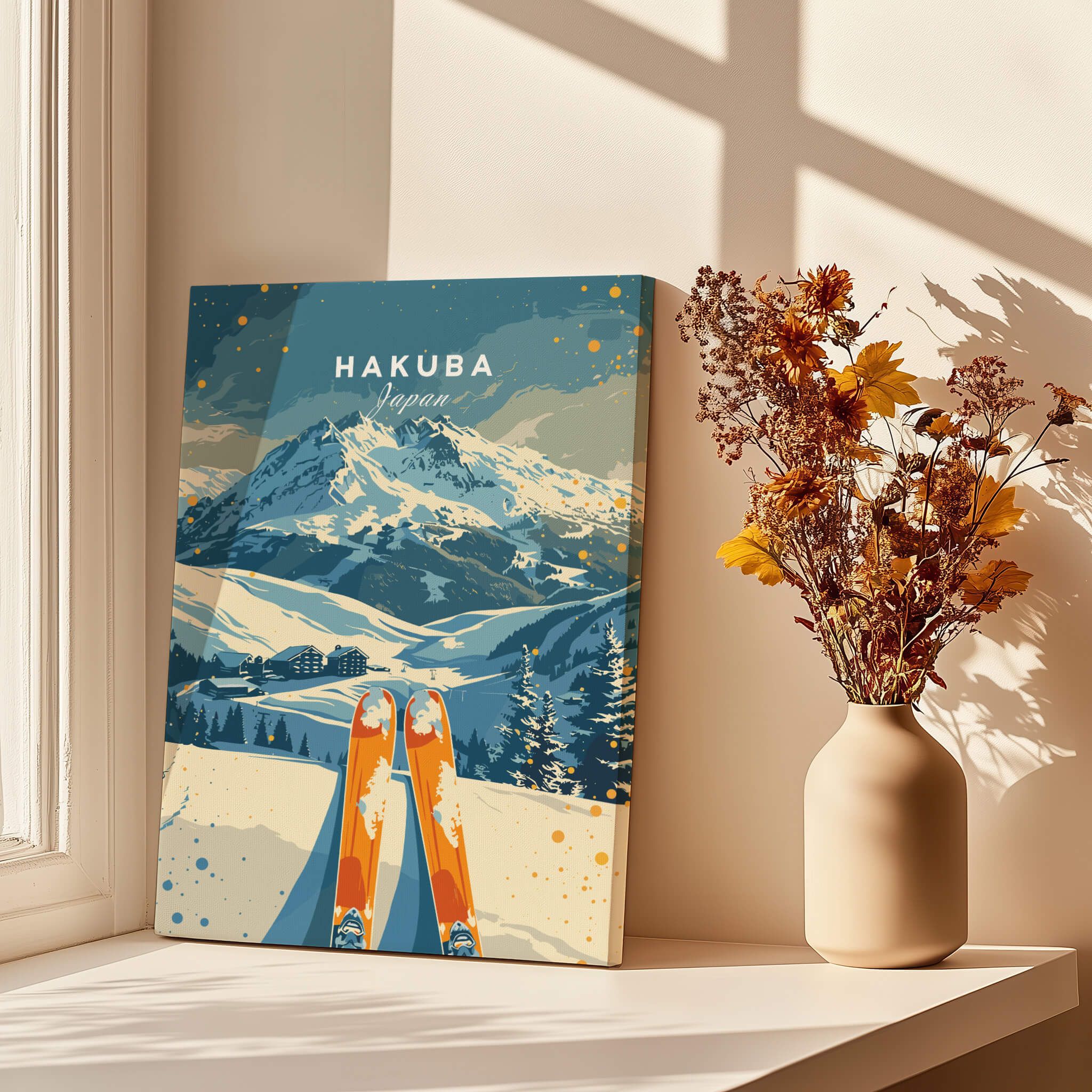 Hakuba Travel Poster -  Japan depicting a ski scene with mountains and vibrant colors in a sunlit room.