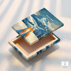 Hakuba Travel Poster - Japan art box design featuring snow-covered mountains and ski scene