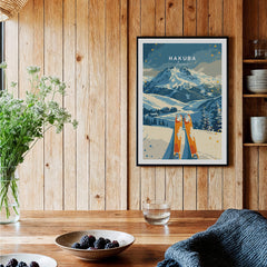 Hakuba Travel Poster - Japan displayed in a cozy wooden setting with ski gear and flowers.