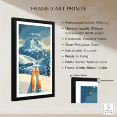 Hakuba Travel Poster - Japan framed art print featuring a ski scene in the stunning mountains of Hakuba.