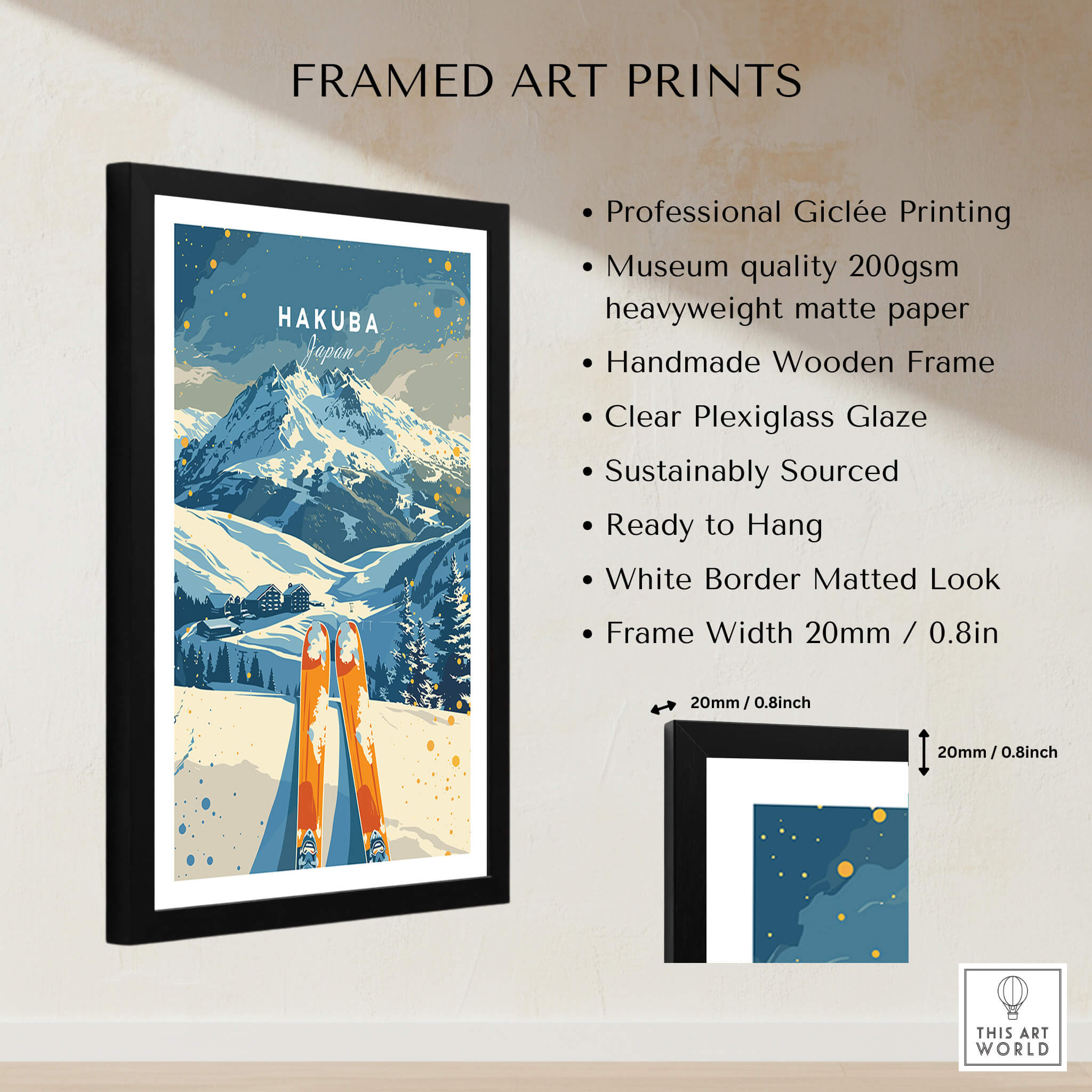 Hakuba Travel Poster - Japan framed art print featuring a ski scene in the stunning mountains of Hakuba.