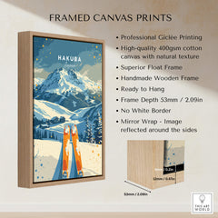 Hakuba Travel Poster - Japan framed canvas print showcasing a ski scene with mountains and trees.