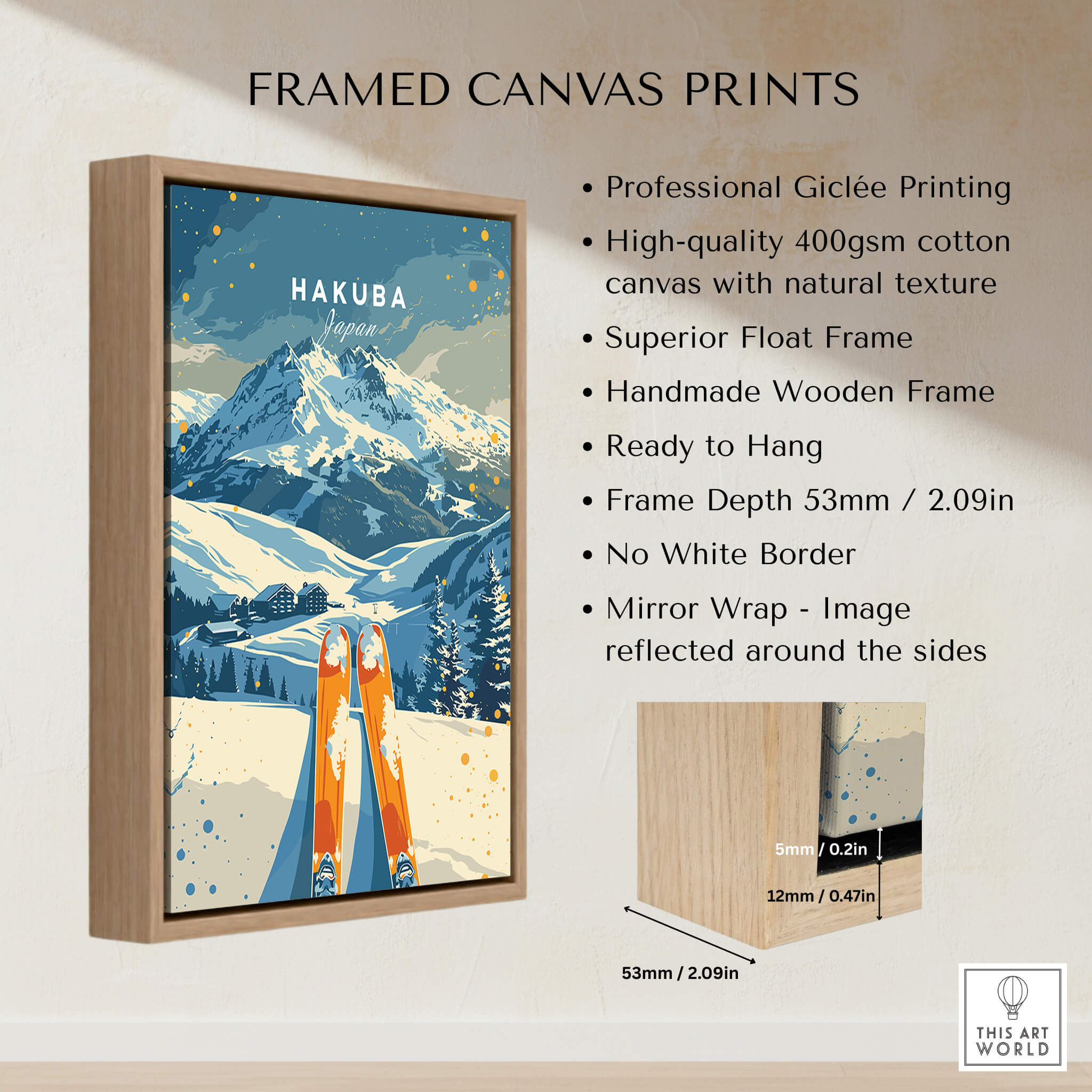 Hakuba Travel Poster - Japan framed canvas print showcasing a ski scene with mountains and trees.