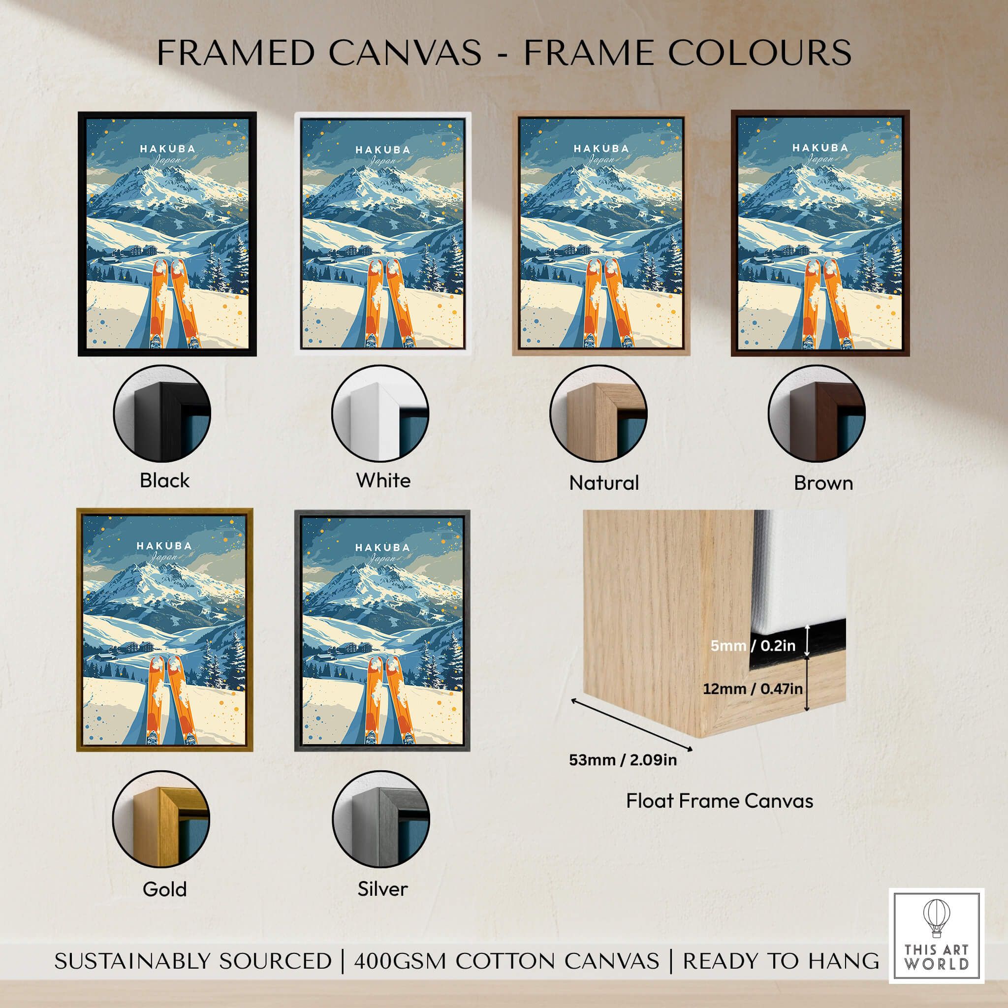 Hakuba Travel Poster - Japan framed canvas options including black, white, natural, brown, gold, and silver.