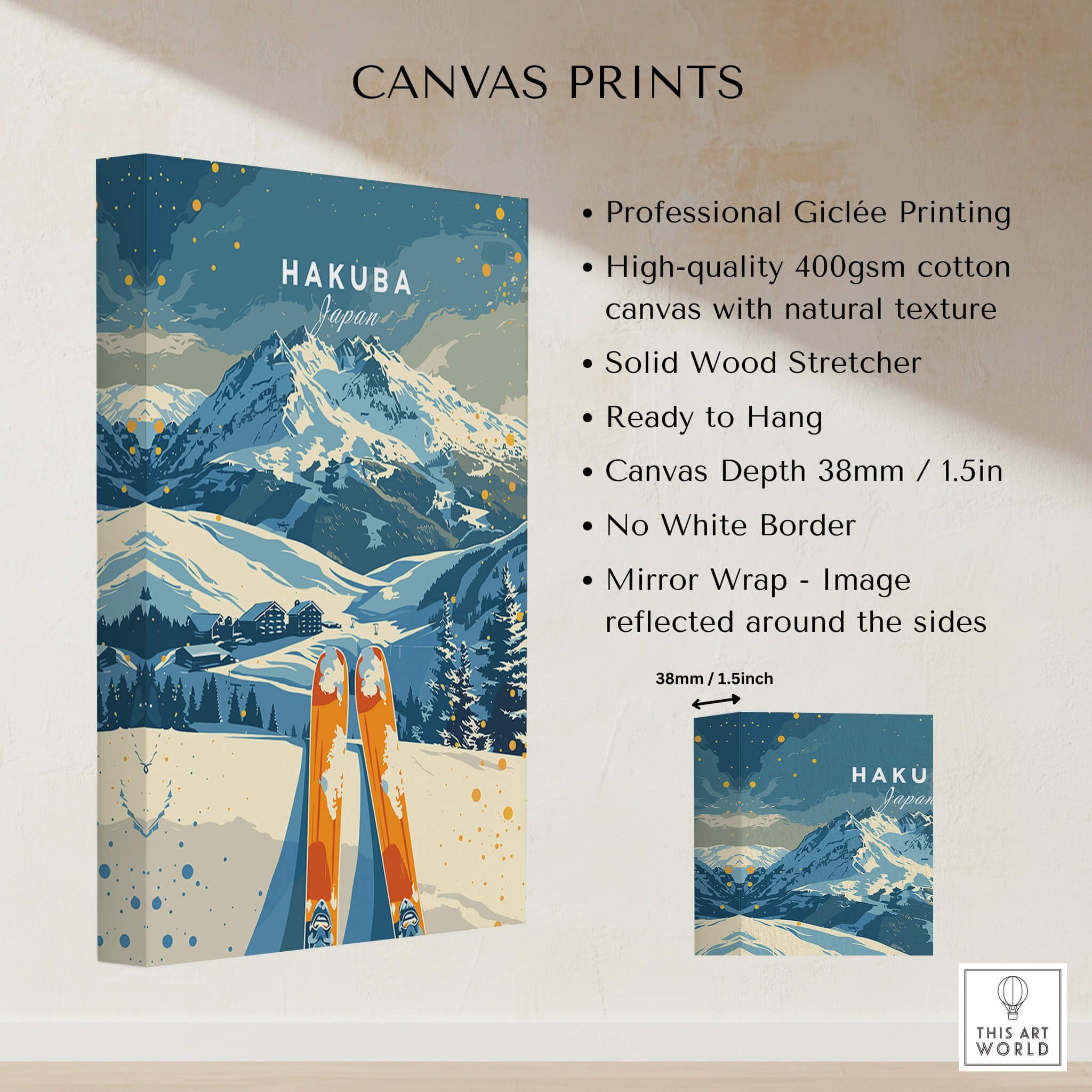 Hakuba Travel Poster - Japan canvas print featuring vibrant ski scene and stunning mountain landscape.