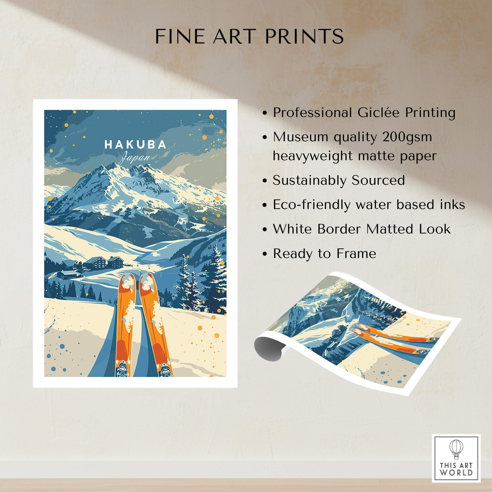 Hakuba Travel Poster - Japan showcasing a ski scene with mountains, perfect for wall art decor in home or office.