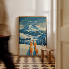 Hakuba Travel Poster - Japan featuring a vibrant ski scene with mountains and skis in a stylish interior setting.