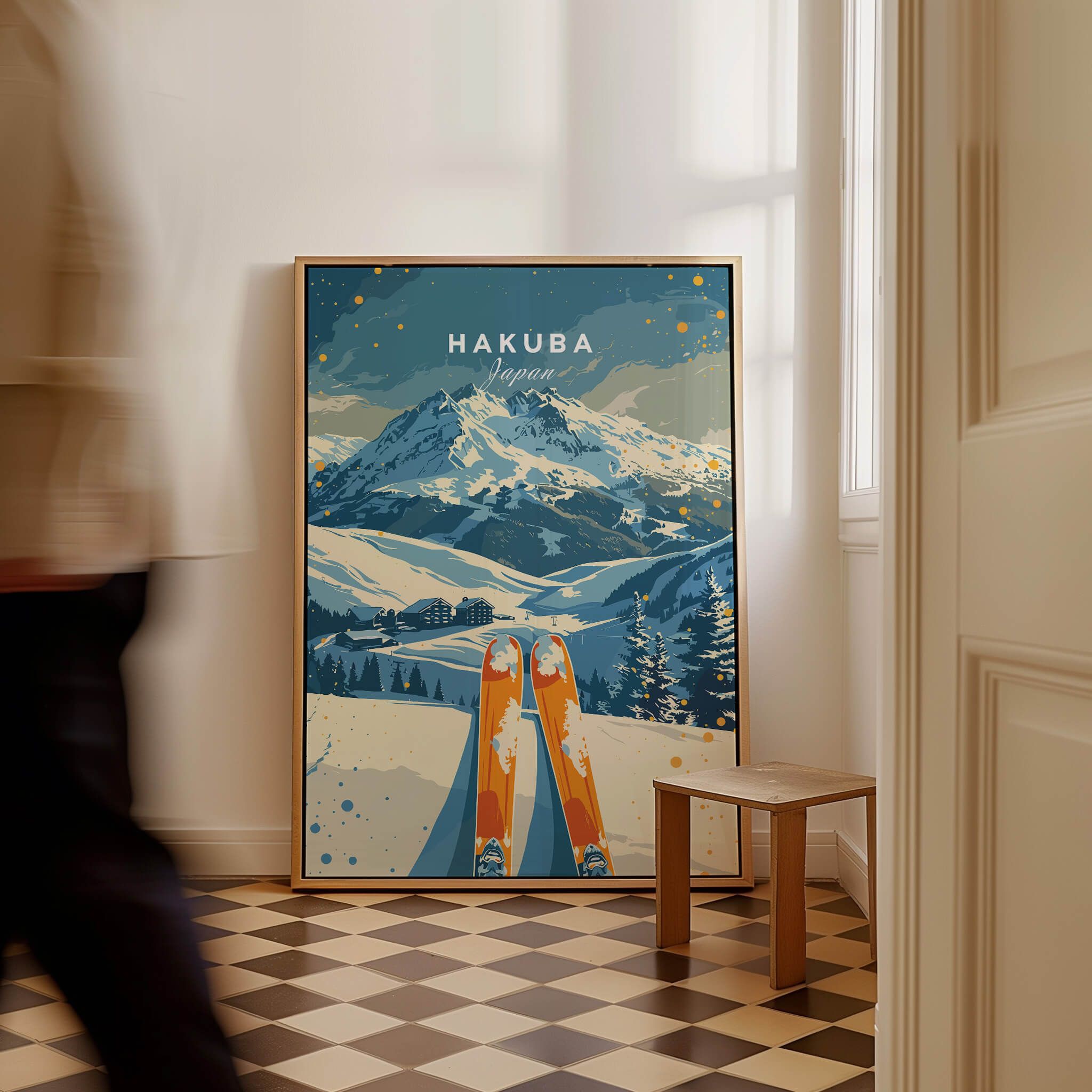 Hakuba Travel Poster - Japan featuring a vibrant ski scene with mountains and skis in a stylish interior setting.