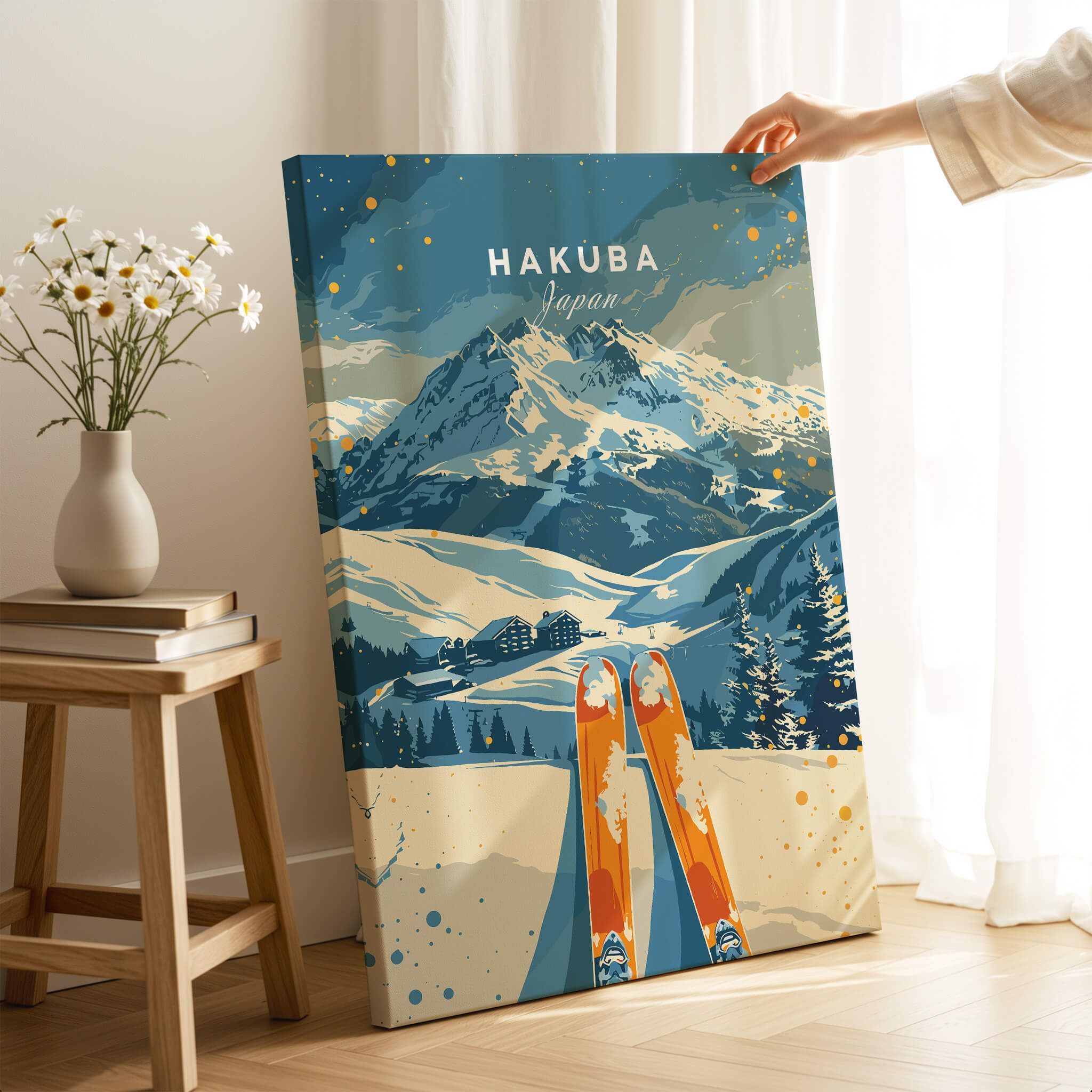 Hakuba Travel Poster - Japan featuring a dynamic ski scene showcasing the beauty of Hakuba, Japan.