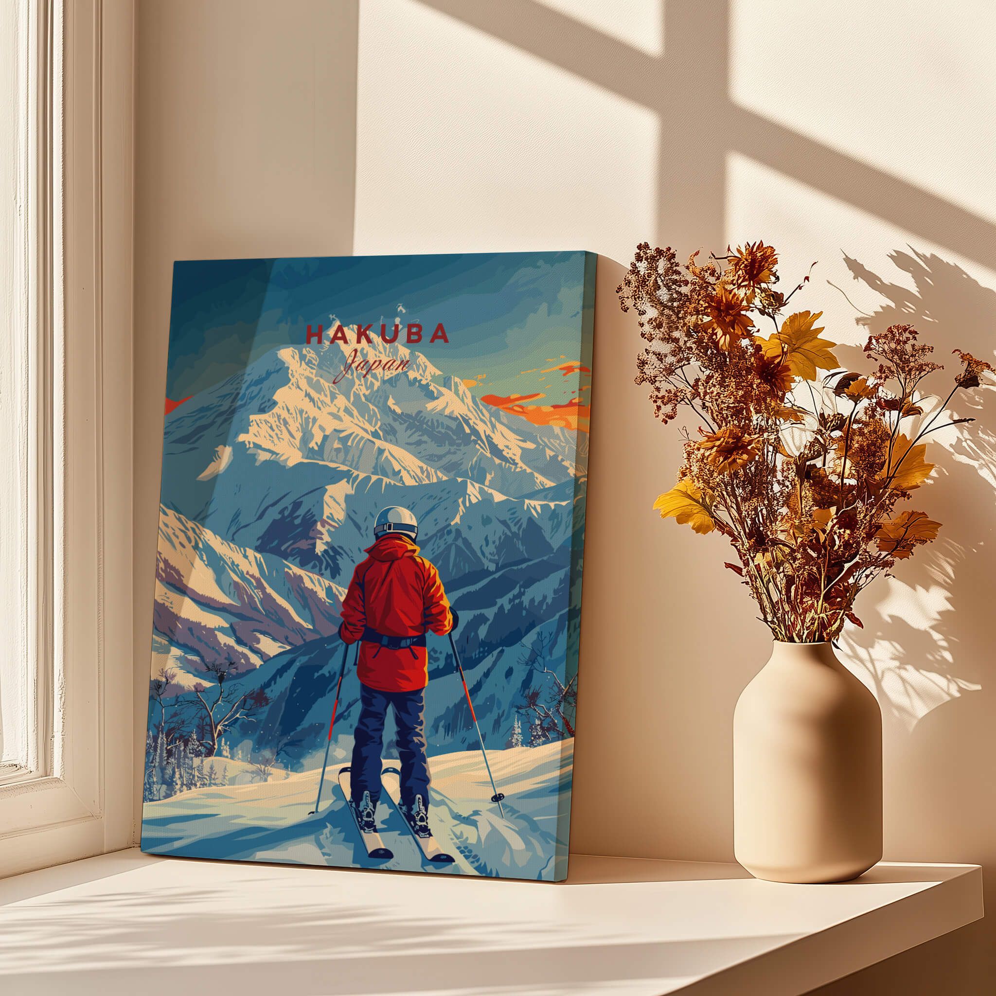 Hakuba Ski Poster featuring a skier against a mountain backdrop, capturing the beauty of Hakuba ski slopes.