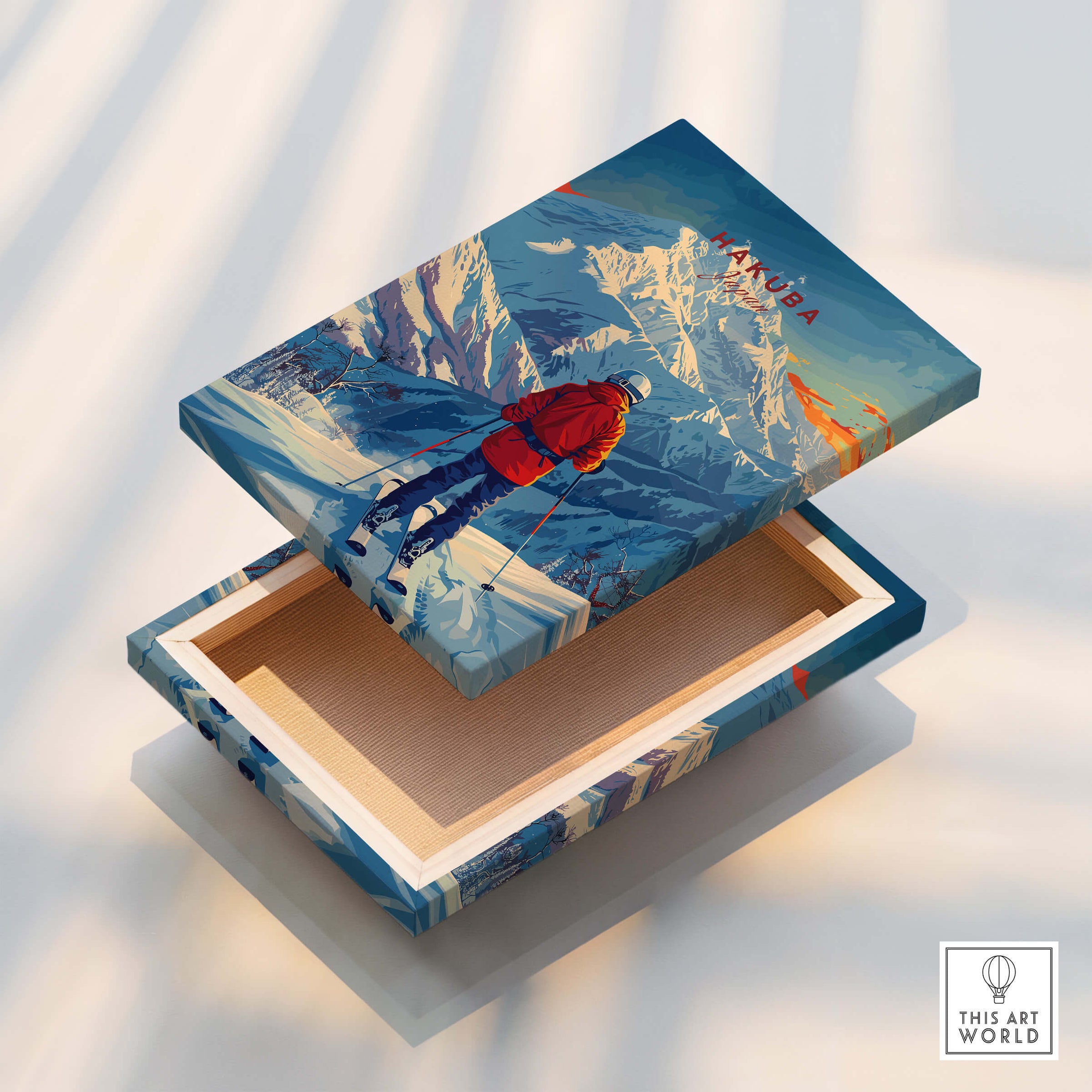 Hakuba Ski Poster design featuring a skier on the slopes, showcasing beautiful mountain scenery.