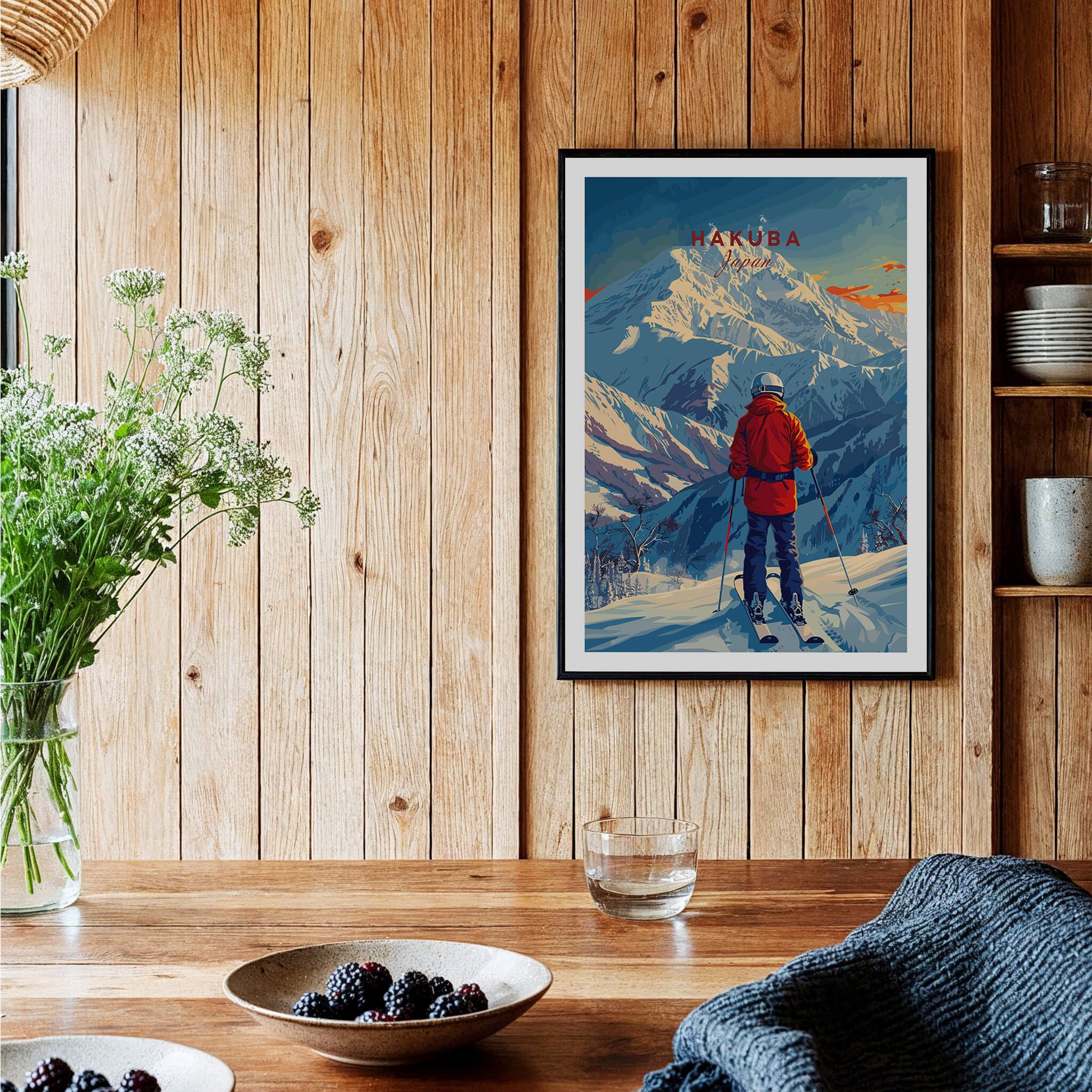 Hakuba Ski Poster featuring a skier in a red jacket on snowy slopes with mountain backdrop, perfect for ski enthusiasts.