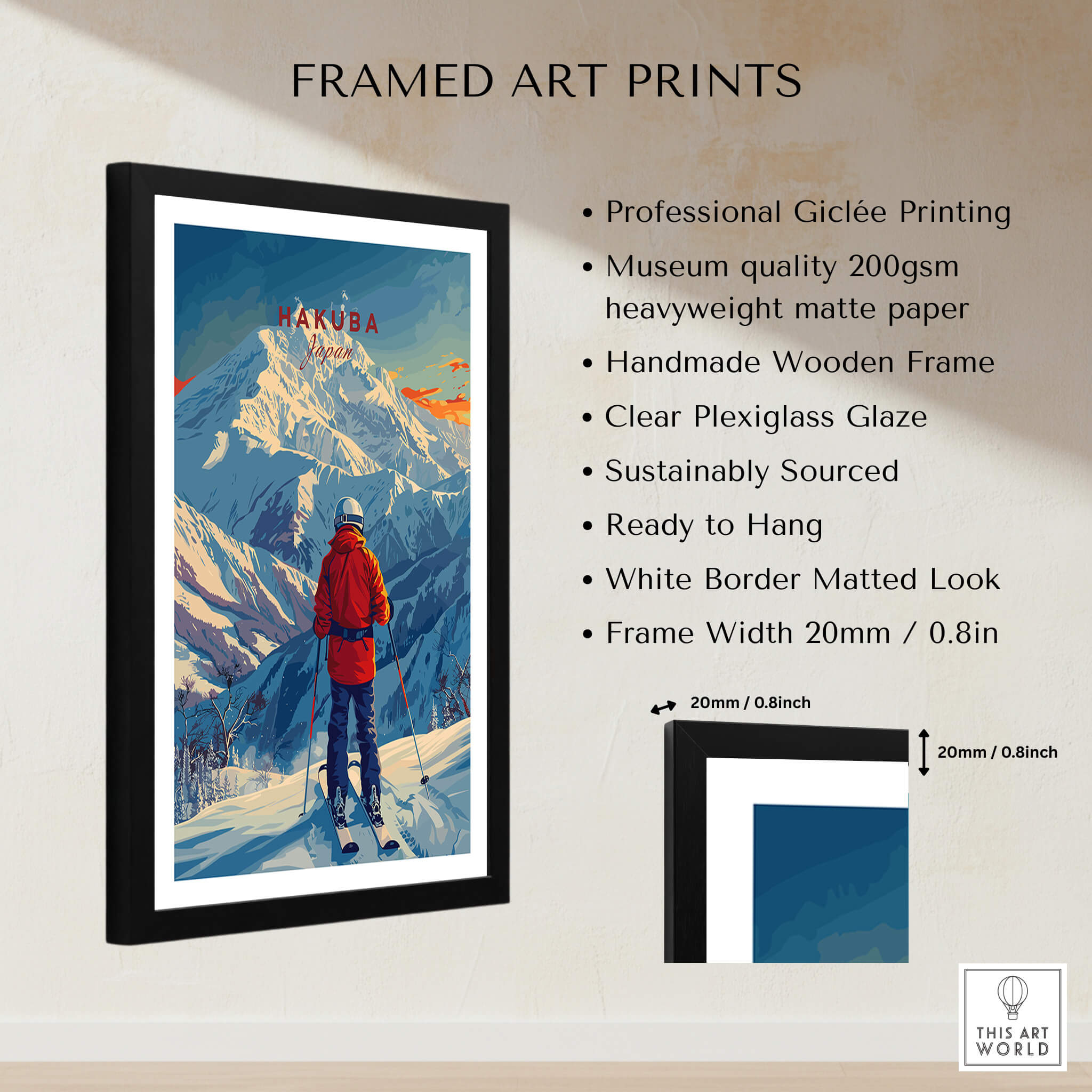 Hakuba Ski Poster framed art print showcasing a skier in front of majestic mountains with professional quality features.