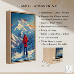 Hakuba Ski Poster featuring a skier on a snowy mountain in a framed canvas print with high-quality Giclée printing.