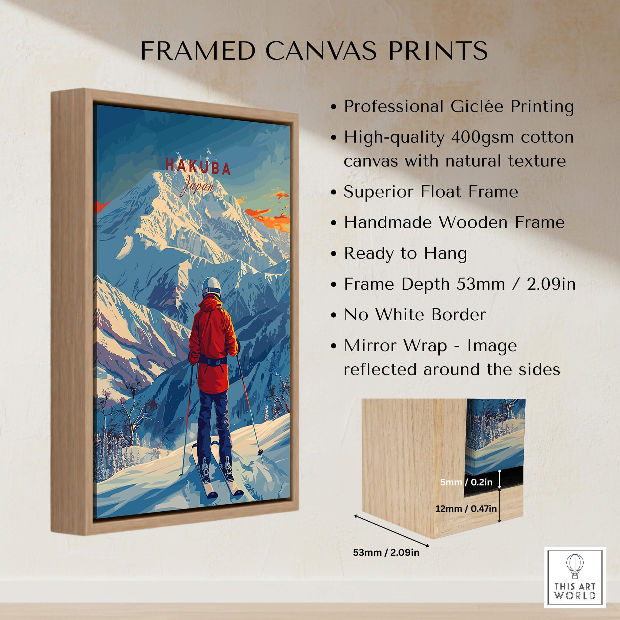 Hakuba Ski Poster featuring a skier on a snowy mountain in a framed canvas print with high-quality Giclée printing.