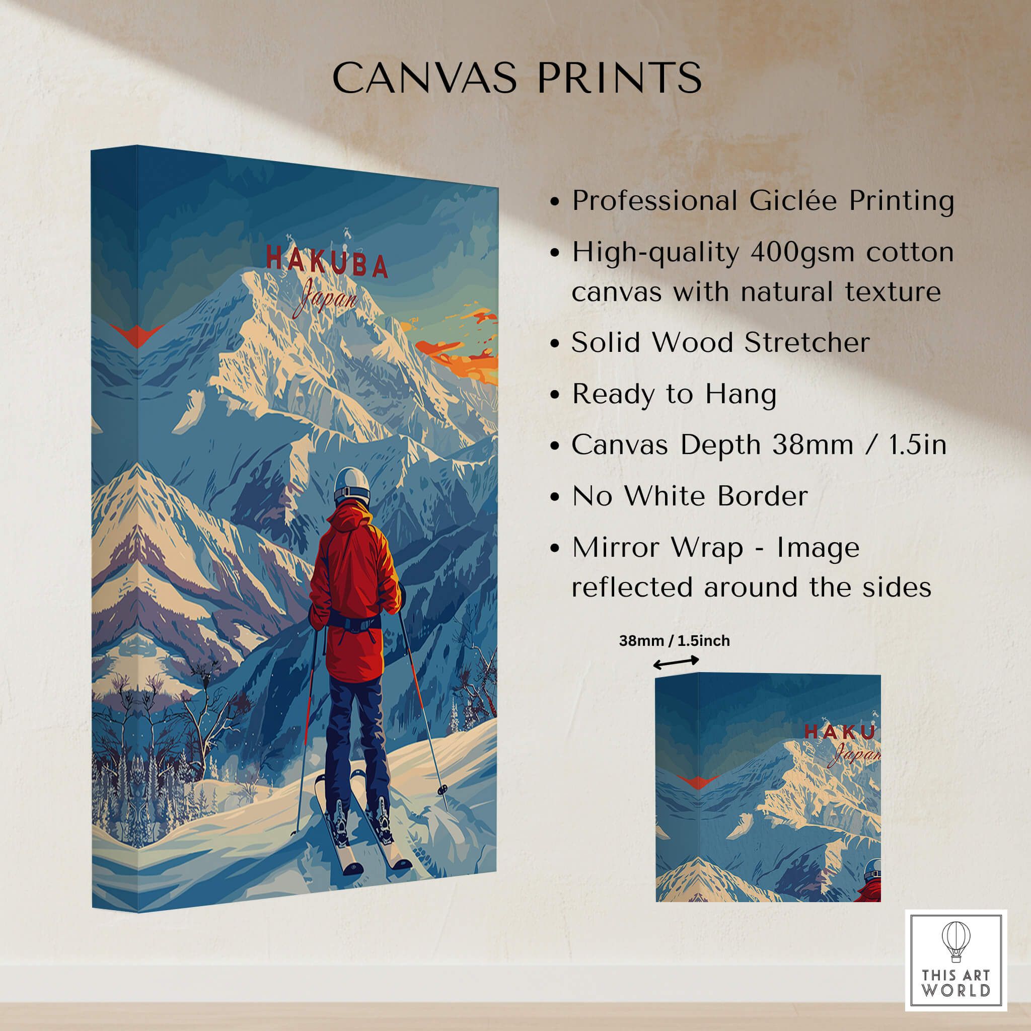 Hakuba Ski Poster showcasing a skier in a snowy mountain landscape, perfect ski wall art for enthusiasts.
