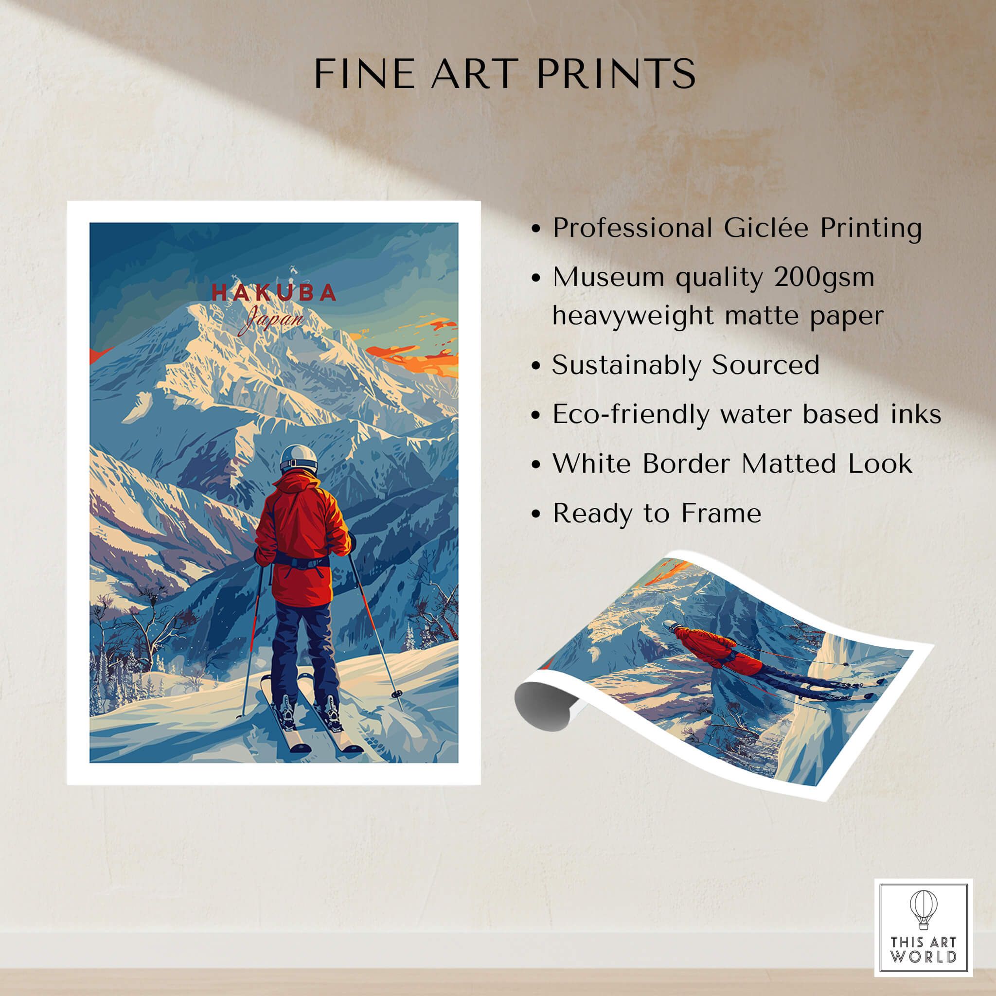Hakuba Ski Poster featuring a skier against majestic mountains, perfect for ski enthusiasts and home decor.