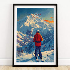 Hakuba Ski Poster featuring a skier in a red jacket overlooking beautiful snow-capped mountains.