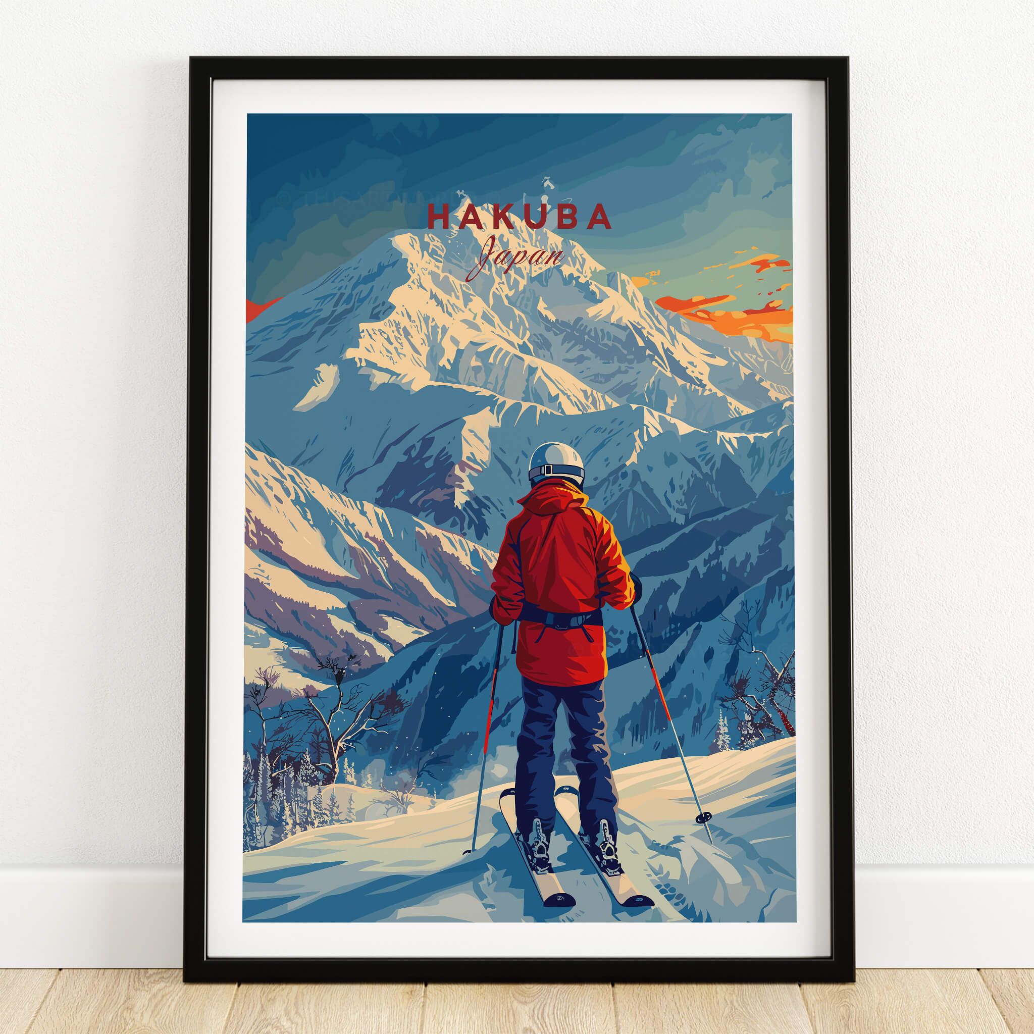Hakuba Ski Poster featuring a skier in a red jacket overlooking beautiful snow-capped mountains.