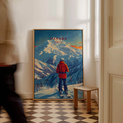 Hakuba Ski Poster featuring a serene skier in front of majestic snow-capped mountains, perfect wall art for ski enthusiasts.