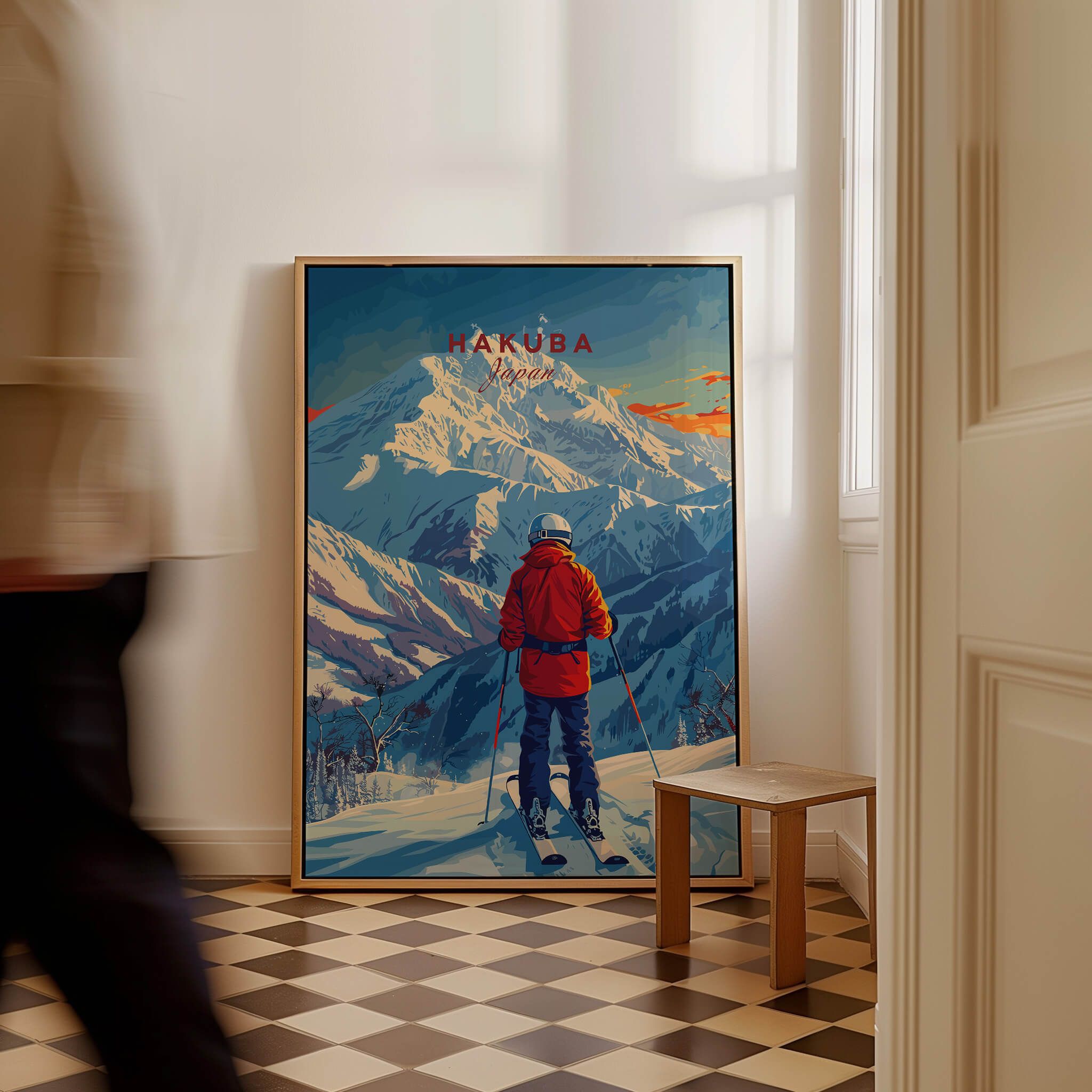 Hakuba Ski Poster featuring a serene skier in front of majestic snow-capped mountains, perfect wall art for ski enthusiasts.