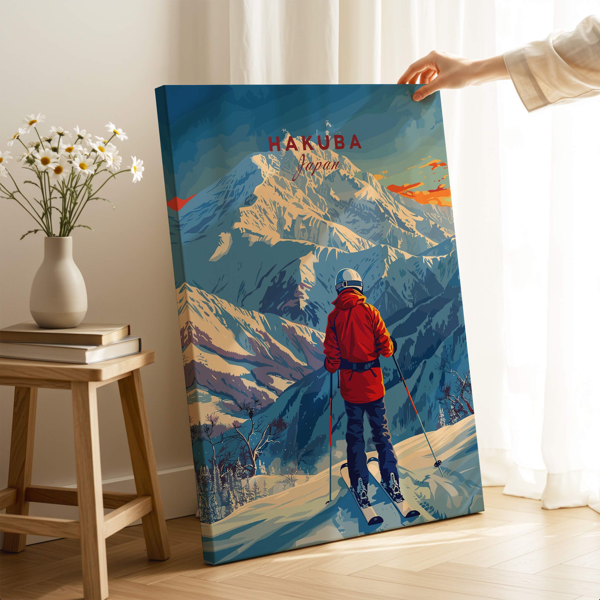 Hakuba Ski Poster showcasing a skier in a red jacket against a stunning mountain backdrop.