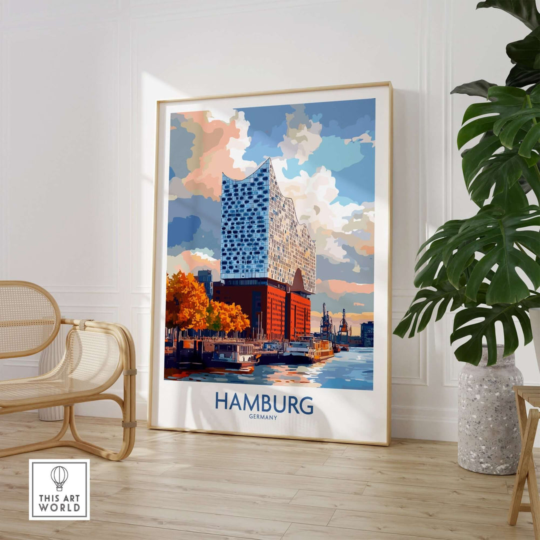 Hamburg poster showcasing the Elbphilharmonie, vibrant artwork capturing the beauty of Germany's architecture and charm.