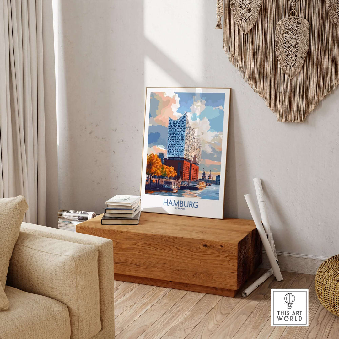 Hamburg poster showcasing the iconic Elbphilharmonie, vibrant artwork in a cozy interior setting. Perfect for art enthusiasts.