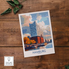 Hamburg Poster Germany showcasing the Elbphilharmonie with vibrant colors and scenic river view.
