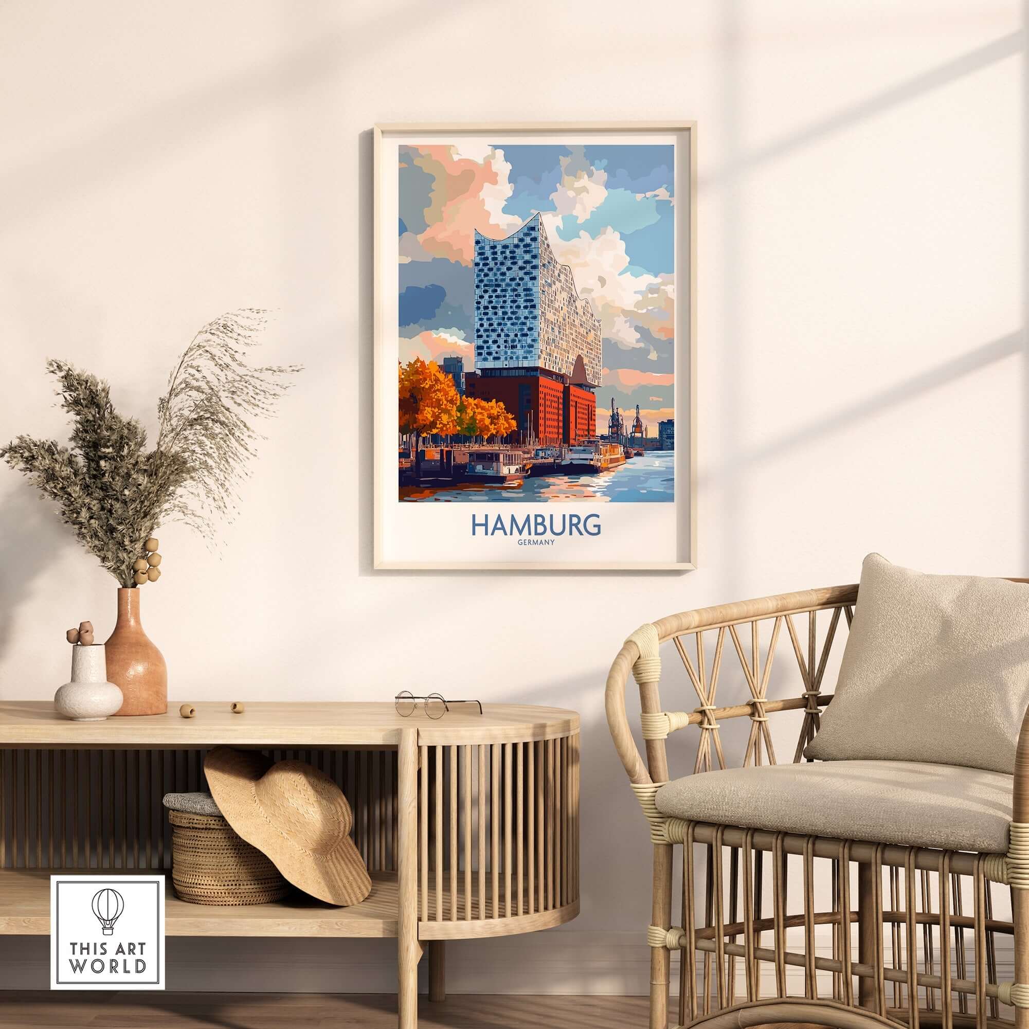 Hamburg Poster Germany showcasing the Elbphilharmonie in a stylish room setting.