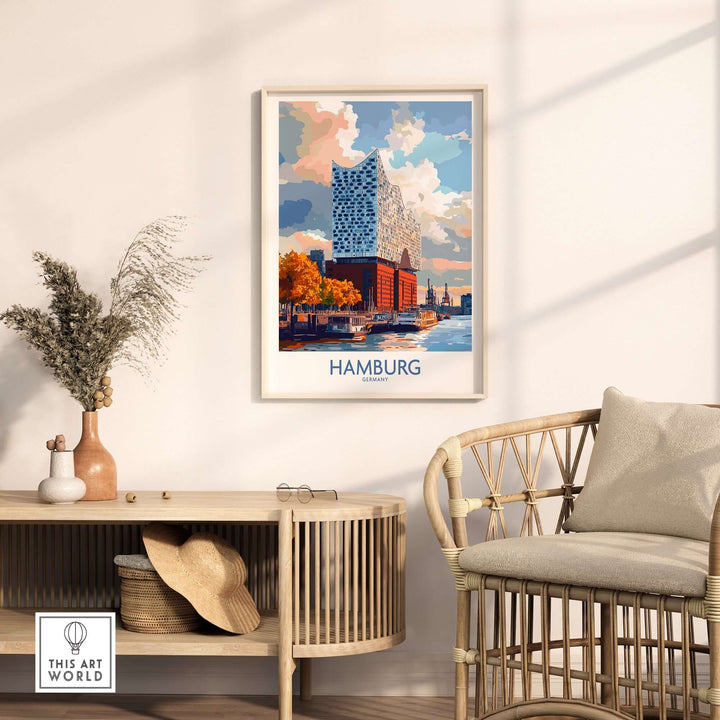 Hamburg poster featuring Elbphilharmonie in a stylish living space with modern decor and natural light.