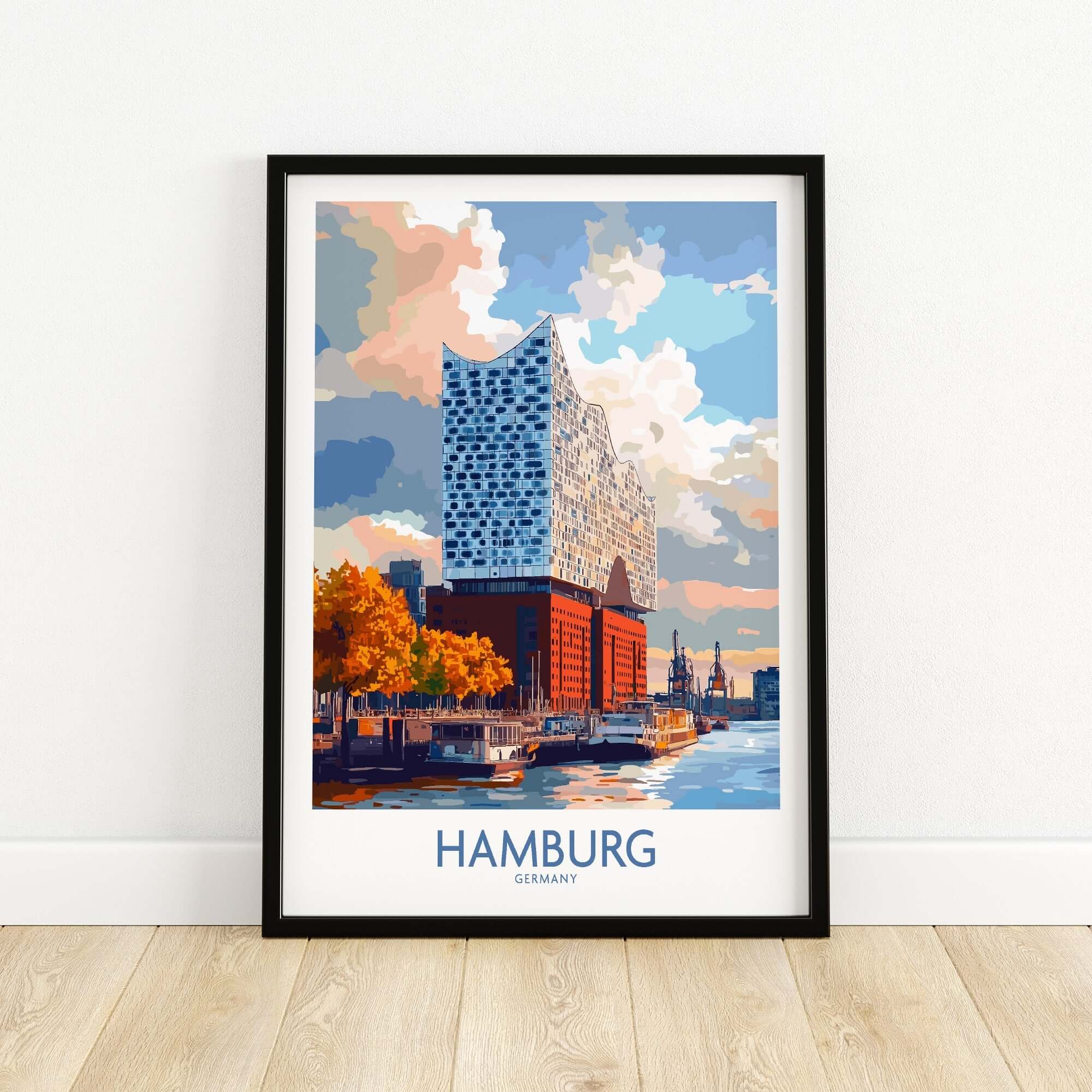 Hamburg Poster Germany showcasing the Elbphilharmonie amidst vibrant colors and scenic waterfront.