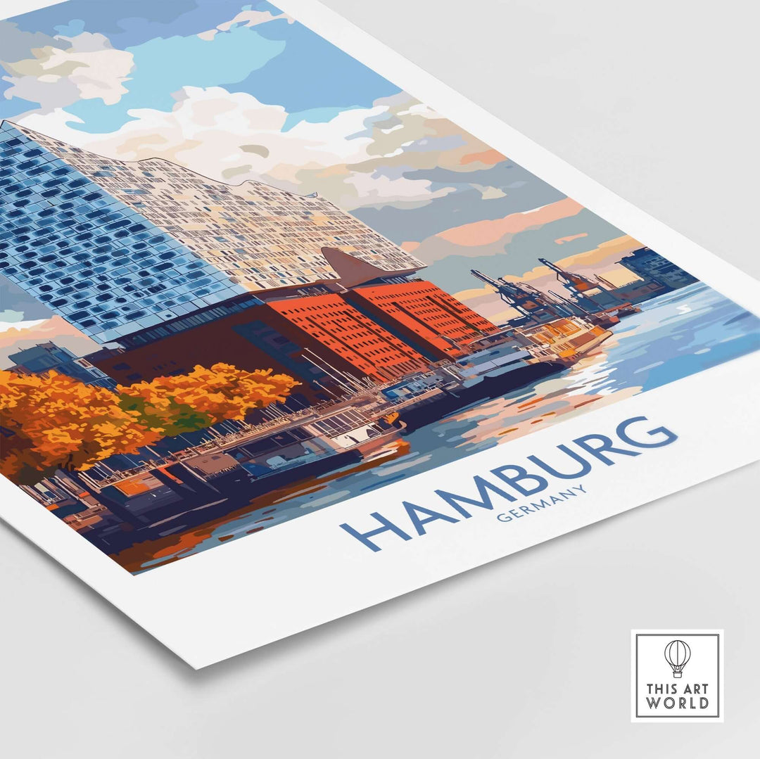 Colorful Hamburg poster showcasing the Elbphilharmonie and waterfront, capturing the city's unique architecture and charm.