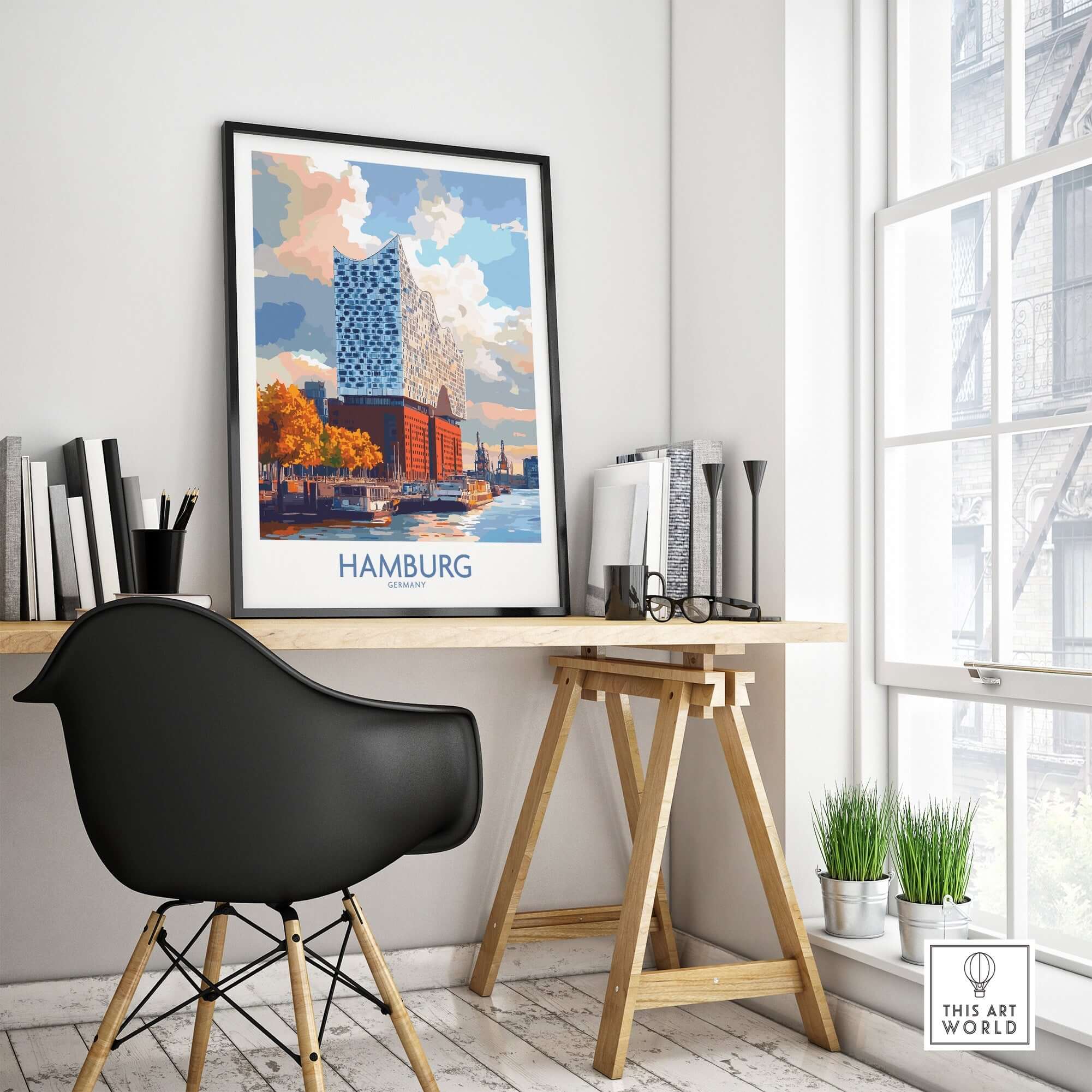 Hamburg Poster Germany displayed in a stylish interior, showcasing the Elbphilharmonie and vibrant city scene.