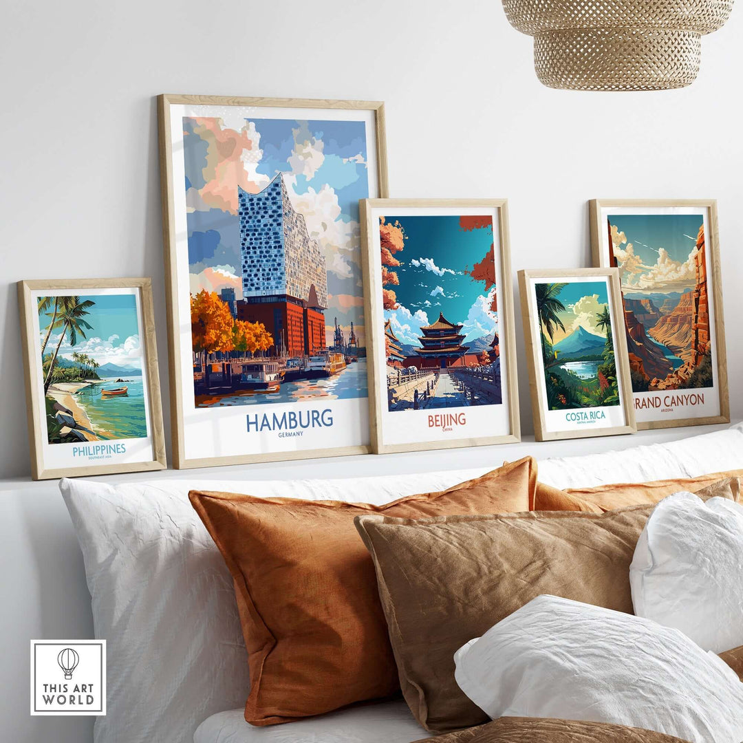 Framed posters of Hamburg, Beijing, Costa Rica, Philippines, and the Grand Canyon displayed in a stylish living room setting.