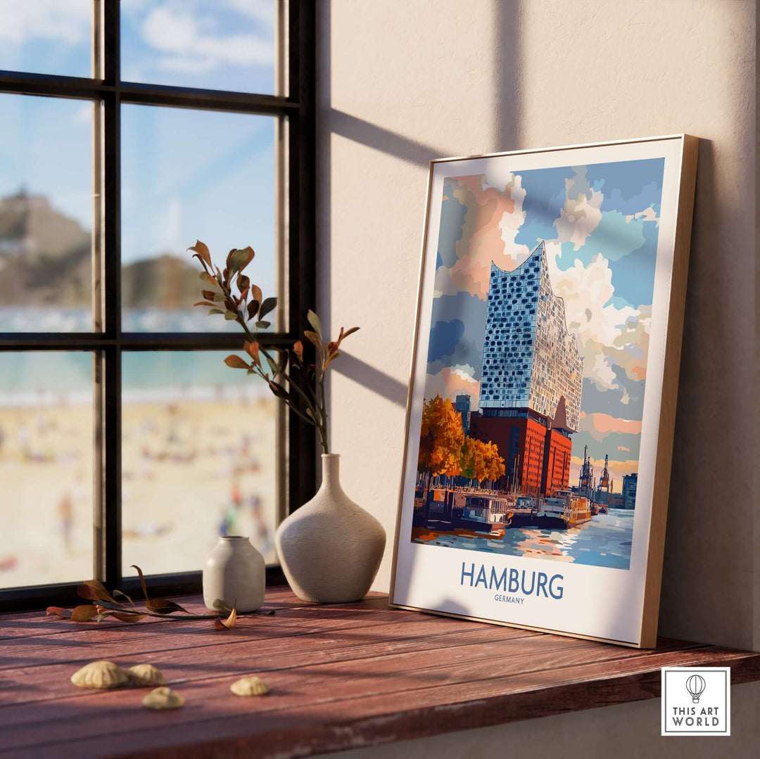 Hamburg Poster featuring Elbphilharmonie by the Elbe river, showcasing vibrant architecture and scenic beauty.